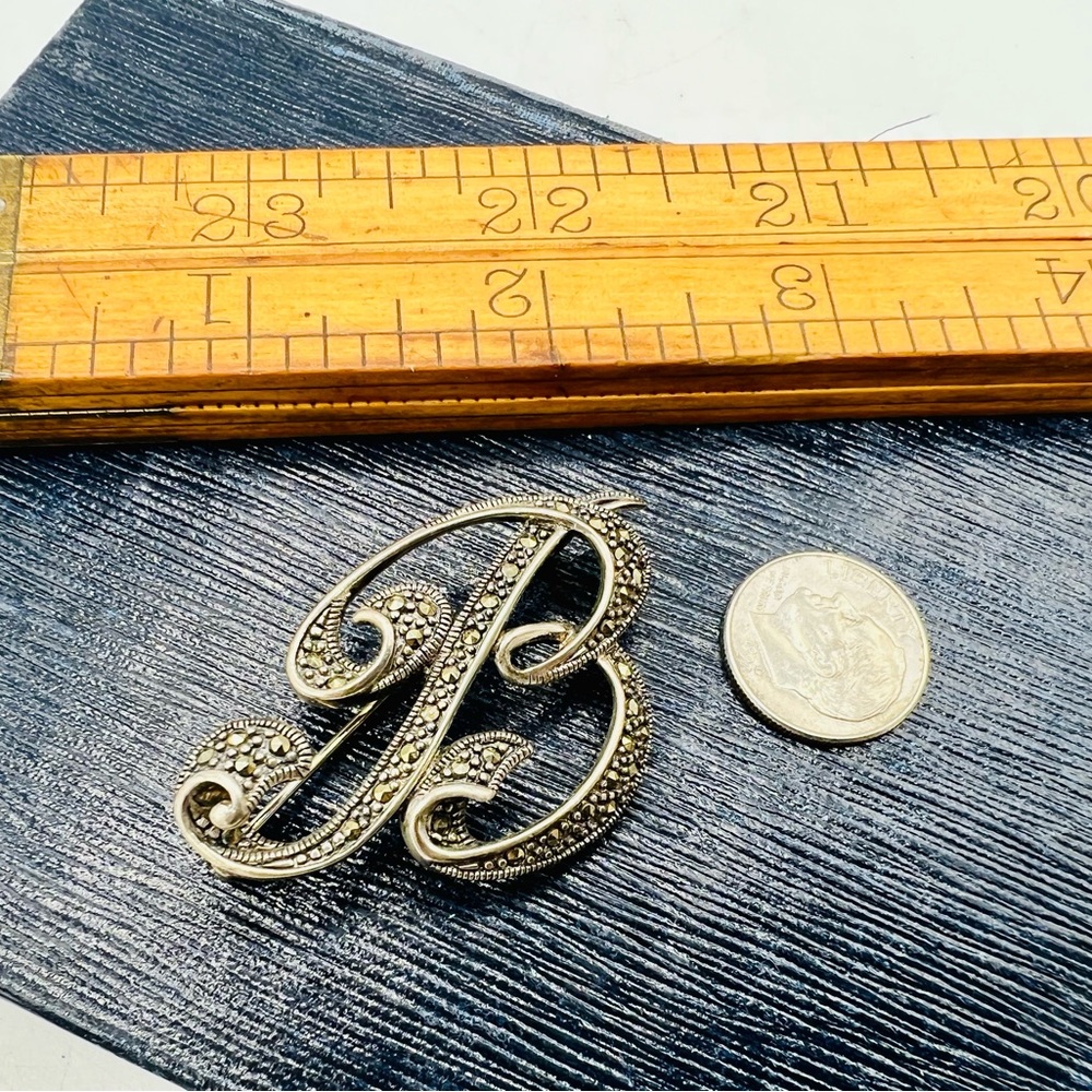 Vintage 925 silver & marcasite monogram letter B large brooch pin - Picture 3 of 8